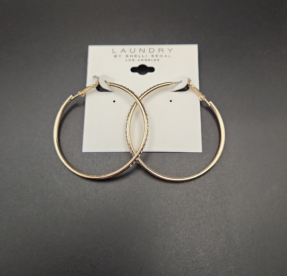 Laundry By Shelli Segal Gold Tone Hoop Earrings Crystal 2 Inch New